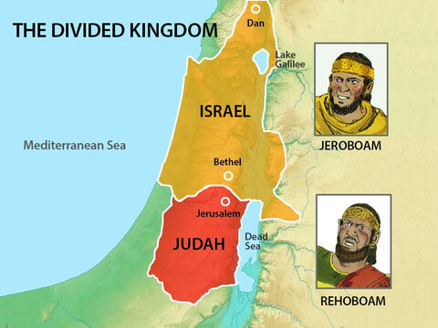 Când Roboam a devenit rege, Ieroboam s-a răsculat împotriva sa. În urma acestei răscoli, poporul s-a separat în două ţări. În nord erau zece triburi, care au alcătuit Israelul, condus de Ieroboam, iar în sud trăiau două triburi, care au alcătuit Iuda, condus de Roboam. – Imagine 1
