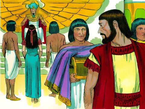 Funcţionarii Faraonului îi povestiseră ce frumoasă este „sora” lui Avram, şi au dus-o în palat. El i-a dat lui Avram boi, măgari, sclavi şi daruri. – Imagine 15