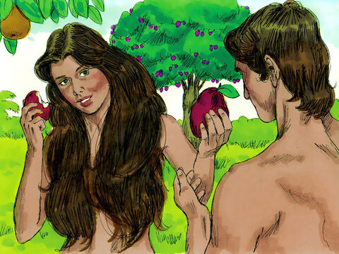 Femeia a văzut că rodul pomului era bun de mâncat. A şi dorit înţelepciune şi cunoaşterea binelui şi răului, astfel a luat din rodul lui şi a mâncat. I-a dat şi lui Adam, care era cu ea, şi a mâncat şi el. – Imagine 5