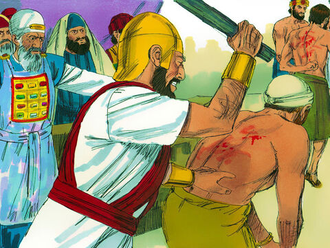 Argumentul lui Gamaliel i-a convins pe mai-mari să nu îi omoare pe apostoli. Însă aceştia au fost aduşi înapoi, şi au fost biciuiţi. Apoi li s-a poruncit încă o dată să nu mai vorbească în numele lui Iisus. – Imagine 10
