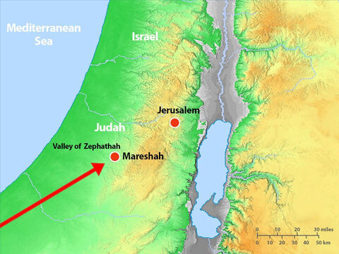 Regele Zerah şi soldaţii lui s-au apropiat de Iuda din sud. Asa şi-a chemat oştirea şi s-au pregătit de luptă în valea Ţefata, lângă Mareşa. – Imagine 8