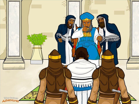Soldaţii L-au condus pe Yeshua în apartamentele lui Caiafa, unde conducătorii preoţilor se adunaseră deja. Caiafa, care era Marele Preot, le spuse:<br/>– Acest om predică lucruri împotriva regulilor și tradiţiilor noastre. Trebuie să găsim un motiv pentru care îl vom putea omorâ înainte ca oamenii să-L încoroneze ca regele lor. <br/>Un alt preot spuse:<br/>– Haideţi să le dăm oamenilor niște bani ca ei să spună că El este un scandalagiu.<br/>Se uită în jur prin cameră și își coborâ vocea:<br/>– În mod sigur, romanii îl vor osândi la moarte.<br/>În acea noapte Yeshua a fost dus în faţa Sinedriului, consiliul religios evreiesc. Fiind hotărâţi să-L găsească vinovat, au interogat mulţi oameni care fuseseră plătiţi să spună minciuni despre Yeshua. Dar poveștile lor nu se potriveau. În sfârșit, doi oameni au pășit în faţă:<br/>– L-am auzit pe acest om spunând că va distruge Templul și îl va zidi la loc în trei zile. <br/>Caiafa a sărit în picioare și s-a uitat iscoditor la Yeshua:<br/>– E adevărat? a întrebat.<br/>Yeshua tăcea. Caiafa întrebă din nou:<br/>– În numele Dumnezeului care trăiește, spune-ne ,Tu ești Mesia care ne-a fost promis?<br/>Yeshua s-a uitat lung la Caiafa.<br/>– Ai dreptate. Într-o zi mă vei vedea șezând în dreapta Tatălui Meu, venind pe norii Cerului.<br/>Acesta a fost momentul pe care-l aștepta Caiafa.<br/>– Nici un om nu poate spune că el este Mesia! strigă triumfător. Aceasta e blasfemie. El spune că El este Dumnezeu! Trebuie condamnat la moarte! – Imagine 12