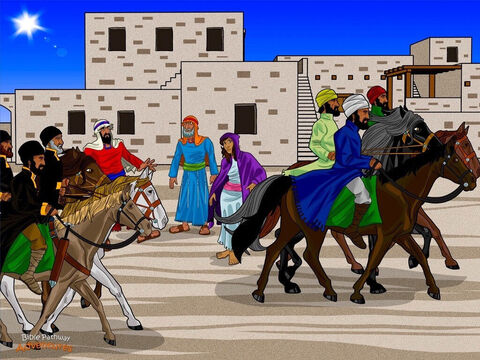 Multe luni mai târziu, magii şi-au făcut drum pe cărări pietruite spre Ierusalim. Era vară acum şi Iudeea era fierbinte ca un cuptor uriaş. Hoţii îşi făceau de cap în mediul rural, astfel că Magii se bucurau că erau însoţiţi de soldaţi.<br/>Când au ajuns la Ierusalim, şi-au făcut loc pe străzile aglomerate ale oraşului, spre piaţă. <br/>– Unde este regele nou-născut al evreilor? au întrebat. <br/>– Am văzut steaua Lui din Est şi am venit să ne închinăm Lui. <br/>Mulţimile adunate pe alei şi în jurul standurilor din piaţă întrebau necontenit:<br/>– Despre cine vorbesc parţii? De ce au venit la Ierusalim? Toată lumea ştia că parţii şi romanii erau duşmani înverşunaţi. – Imagine 11