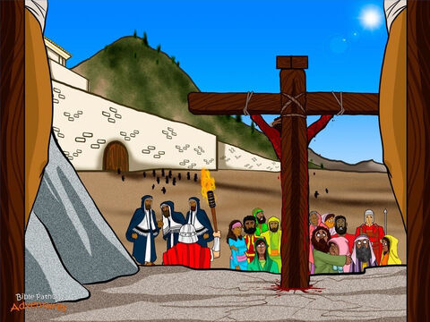În dimineaţa aceea, oameni din locuri apropriate şi îndepărtate au venit la Ierusalim cu mieii lor pentru a-i sacrifica de Paşti. Când au ajuns la zidurile oraşului, mulţi dintre ei s-au oprit şi L-au luat în derâdere pe Yeshua.<br/>– Aveai de gând să dărâmi Templul şi să îl reconstruieşti în trei zile, spuneau ei. Vino, dă-te jos de pe cruce dacă eşti Fiul lui Dumnezeu.<br/>Alţii se uitau lung la El cu neîncredere. Ei credeau că El a venit să-i alunge pe romani şi să devină regele Izraelului. Dar, în schimb El a fost bătut şi crucificat. Fiind incapabili să mai privească acea privelişte teribilă, oamenii şi-au întors privirea de la El şi au pornit spre Ierusalim. Conducătorii religioşi au venit şi ei să-L batjocorească.<br/>–	I-a salvat pe alţii, dar nu e în stare să se salveze pe Sine. Ia să-L vedem acum pe regele Izraelului cum se dă jos de pe cruce! La fel soldaţii şi hoţul L-au insultat  pe Yeshua:<br/>–	Dacă eşti Mesia, ajută-Te şi ajută-ne şi pe noi. Dar ucigaşul L-a apărat pe Yeshua, spunând:<br/>–	El nu a făcut nimic rău.<br/>Yeshua i-a spus:<br/>–	Îţi spun, chiar azi vei fi cu Mine în Paradis.<br/>Chiar dacă inamicii Lui şi-au bătut joc de El, Yeshua încă îi iubea şi vroia să moară pentru păcatele lor. Suferind dureri mari, El se ruga, spunând:<br/>– Tată, iartă-i, pentru că nu ştiu ce fac. – Imagine 4