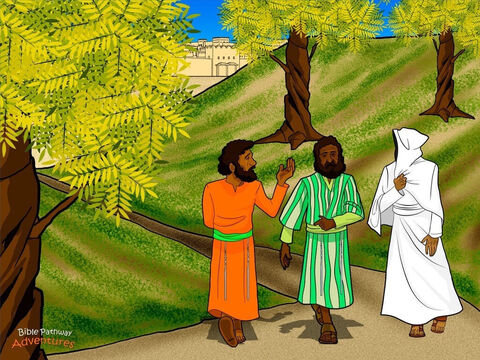 În aceeaşi zi, doi ucenici au părăsit Ierusalimul îndreptându-se spre un sat care se numea Emaus.Cum mergeau pe drum, bărbaţii discutau despre toate lucrurile ciudate şi stranii care au avut loc de la Paşte încoace.<br/>Un străin li s-a alăturat.<br/>–	De ce sunteţi trişti? a întrebat.<br/>Ucenicii s-au oprit.<br/>–	Nu ai auzit de moartea marelui nostru învăţător, Yeshua? El a învăţat pe mulţi oameni despre Împărăţia lui Dumnezeu. Noi am crezut că ne va elibera de sub cârmuitorii romani, dar conducătorii religioşi au cerut ca El să fie condamnat la moarte.<br/>Străinul scutură din cap şi spuse:<br/>– O, nesăbuiţilor! Este scrisă în Scriptură că Mesia va muri pentru păcatele poporului său. Apoi folosind cuvintele lui Moise şi ale profeţilor, El explică de ce a trebuit să moare Mântuitorul. Inima ucenicilor s-a umplut cu veselie.<br/>Când au ajuns la Emaus, cei doi ucenici, l-au invitat pe străin la masă. După felul cum a binecuvântat mâncarea l-au recunoscut pe Yeshua în persoana străinului. Dar într-o clipă El a dispărut. Ucenicii aproape că şi-au ieşit din piele de bucurie! Au fugit înapoi la Ierusalim într-un suflet ca să le spună şi celorlalţi ucenici că Meşterul s-a sculat din morţi. – Imagine 12