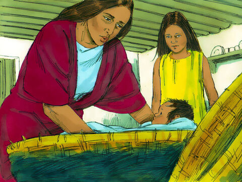 A aşezat bebeluşul în coş, şi l-a dus la râul Nil. Sora copilului s-a dus şi ea să o ajute. – Imagine 16