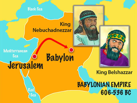 Împăratul Nebucadneţar a dus în captivitate poporul israelian la Babilon. Printre ei a fost tânărul Daniel. El a primit autoritate peste toţi înţelepţii împăratului. Când Daniel a fost mai în vârstă, împăratul Nebucadneţar a murit şi împăratul Belşaţar îl urma pe tron. – Imagine 1