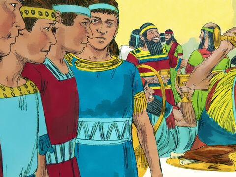 Cei patru tineri izraeliţi au învăţat limba şi literatura babilonienilor timp de trei ani. Împăratul le-a rânduit o parte din hrana şi din vinul de la masa lui. Daniel ştia că animalele nu fuseseră sacrificate şi preparate conform legii evreilor. Nici să se îmbete nu a vrut. – Imagine 8