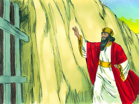 În zori s-a sculat, şi s-a grăbit la groapă: – Daniel, rob al Dumnezeului cel viu! – striga, – A putut Dumnezeul tău, Căruia Îi slujeşti neîncetat, să te scape de lei? – Imagine 11