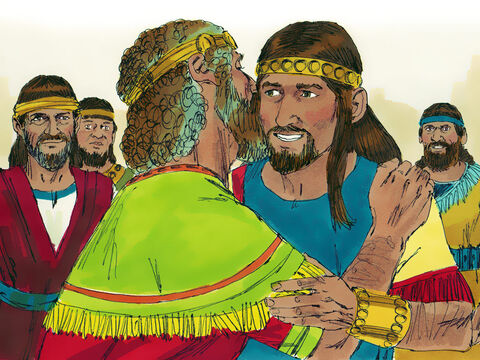 După acestea David l-a chemat pe Absolom să se întoarcă la Ierusalim. Deşi nu l-a chemat să-l vadă imediat, mai târziu a trimis după el. Absolom i s-a închinat cu faţa la pământ tatălui său, care l-a sărutat. – Imagine 6
