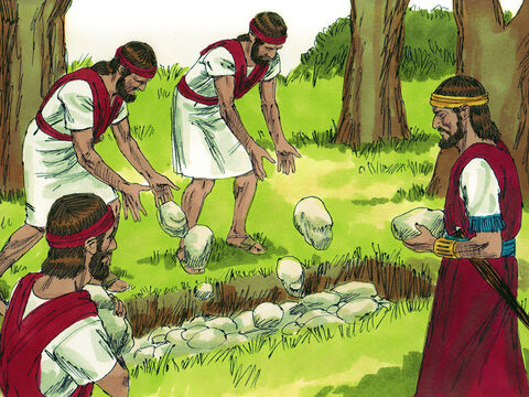 Au aruncat trupul lui Absalom într-o groapă mare în pădure, şi au aruncat peste el o grămadă mare de pietre. Armata lui Absalom a fugit acasă. – Imagine 21