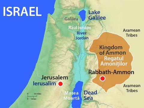 Amoniţii locuiau în Regatul Amoniţilor, la est de ţara regelui David, pe cealaltă parte a râului Iordan. Regele Nahaş fusese loial faţă de David, de aceea acesta a trimis slujitori de la Ierusalim ca să-l mângâie sufleteşte pe urmaşul său. – Imagine 2
