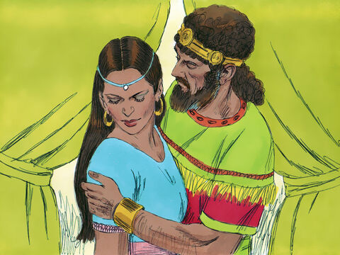 David şi-a trimis oamenii so aducă pe Batşeba. A sedus-o, şi s-a culcat cu ea. Apoi Batşeba s-a întors acasă. – Imagine 3