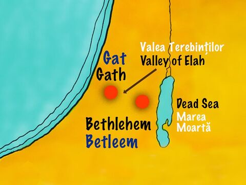Regele Saul şi poporul lui Israel au tăbărât în valea Ela. Un bărbat numit Goliat, din Gat a ieşit din tabăra filistenilor să îi cheme la bătaie pe israeliţi. – Imagine 2
