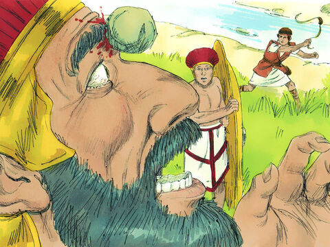 Când Goliat a pornit iar spre David, acesta a început să fugă spre filistean. Şi-a băgat mâna în traistă, şi a scos o piatră, pe care apoi a aruncat-o spre Goliat. Piatra l-a lovit pe Goliat, şi a pătruns în fruntea acestuia, care a căzut cu faţa pe pământ. – Imagine 16