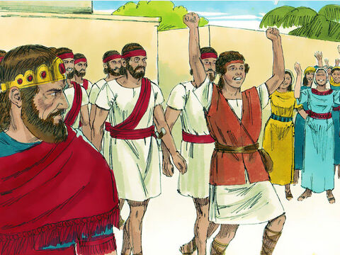 După ce David îl ucise pe Goliat, şi se întoarse ca un erou, regele Saul a devenit furios şi gelos pe el. – Imagine 3