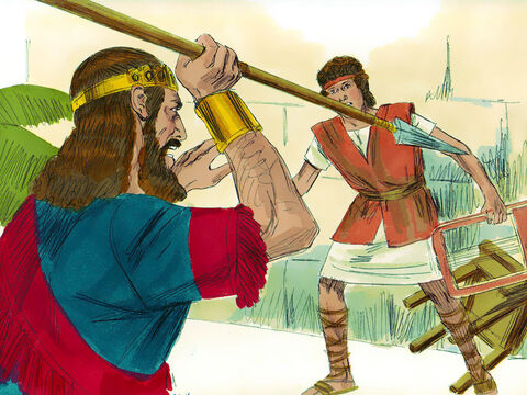 În ziua următoare, când David cânta pe harpă, Saul avea o suliţă în mână. Şi a aruncat suliţa, gândindu-se: „Îl voi ţintui pe David de zid.” David însă s-a ferit de două ori. – Imagine 4