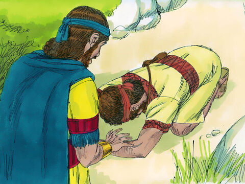 După ce băiatul a plecat, David a ieşit din locul unde era ascuns, şi s-a aplecat în faţa lui Ionatan de trei ori, cu faţa la pământ. – Imagine 22