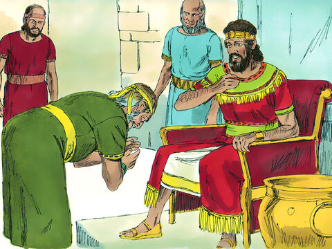 Regele l-a întrebat pe Ţiba: – Se mai află în viaţă cineva din familia lui Saul, căruia i-aş putea arăta bunătatea lui Dumnezeu? – Trăieşte Mefiboşet, fiul lui Ionatan, cine este olog pe ambele picioare, – răspunse Ţiba. – Imagine 3