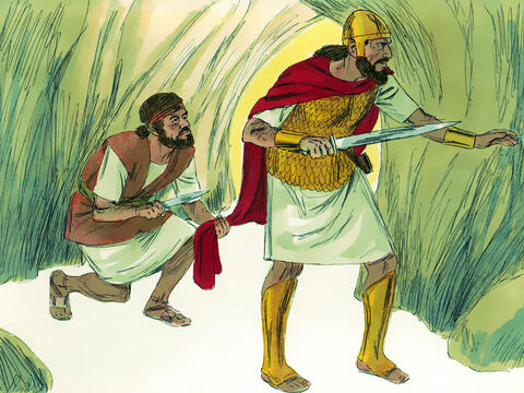Însă în loc să îl omoare, David a tăiat colţul mantiei lui, fără ca acesta să îl observe. – Domnul să mă ferească să îmi pun mâna pe regele pe care El îl unsese, – îi spunea oamenilor, şi le-a descurajat să îl omoară pe Saul. – Imagine 13