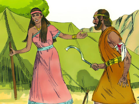 Când Barak îl urmărea pe Sisera, Iael a ieşit să-l întâmpine şi i-a zis:<br/>– Vino ca să ţi-l arăt pe omul pe care îl cauţi!<br/>A intrat la ea şi l-a văzut pe Sisera zăcând mort. – Imagine 18