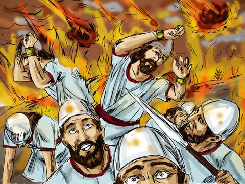 Atunci s-a coborât foc din cer şi l-a mistuit pe el şi pe oamenii săi. Când regele Ahazia a auzit ce s-a întâmplat, a trimis o altă căpetenie cu cincizeci de oameni. – Imagine 8