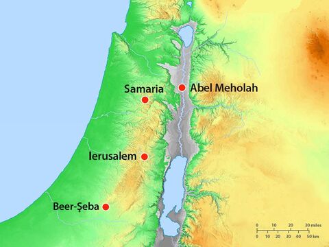 Elisei şi familia sa trăiau în Abel-Mehola în ţara Israelului, sub stăpânia regelui Ahab şi a reginei Izabela. Ea era cea care l-a ameninţat pe Ilie că îl va omorâ. – Imagine 2