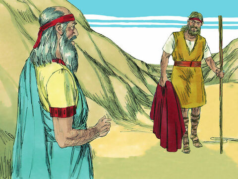 În timp ce Obadia mergea pe drum, deodată l-a întâlnit pe Ilie. Obadia a căzut pe pământ în fața lui și a întrebat:<br/>– Tu eşti, Ilie?<br/>– Eu sunt, i-a răspuns el. Du-te şi spune-i regelui Ahab că am venit.<br/>Obadia i-a cerut lui Ilie să promită că va rămâne acolo până când îl aduce pe rege. – Imagine 6