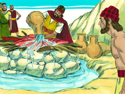 Apoi Ilie a adunat poporul și a reconstruit altarul lui Dumnezeu, care fusese distrus. L-a construit din 12 pietre și a săpat un șanț în jurul acestuia. Apoi a înjunghiat taurul și l-a așezat pe lemne. Ilie a dat o poruncă ciudată:<br/>– Umpleţi patru ulcioare cu apă şi goliţi-le peste sacrificiu şi peste lemne! Faceţi lucrul acesta încă o dată și a treia oară! În total 12 ulcioare de apă au fost vărsate peste altar, iar apa a umplut șanțul. – Imagine 16