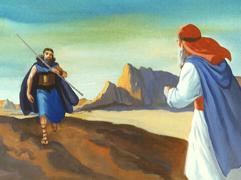 Ilie a pornit, şi l-a întâlnit pe Obadia, slujitorul regelui. Profetul a zis: – Du-te, şi spune-i lui Ahab că Ilie s-a întors. Obadia s-a grăbit înapoi la rege. – Imagine 13