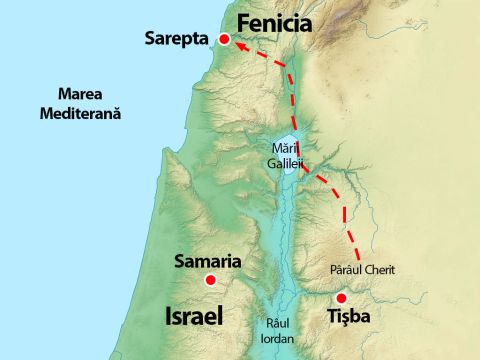 <i>Hartă opţională</i><br/>Această hartă arată locaţia Sareptei în Fenicia, o ţară spre nord de Israel, şi ruta probabil luată de Ilie pentru a evita o posibilitate de a fi prins de cei care îl căutaseră. – Imagine 15