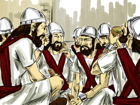 – Serveşte-i cu pâine şi cu apă, iar după aceea să se întoarcă în țara lor.<br/>Regele le-a pregătit un ospăț mare. După ce au terminat de mâncat și de băut, le-a dat voie să plece acasă. După ce au văzut cu ce milă au fost tratați, trupele din Aram nu au mai năvălit țara lui Israel. – Imagine 9