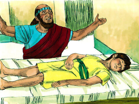 Când a ajuns Elisei în casă, a văzut că băieţelul era aşezat mort în patul lui. A intrat şi a închis uşa după ei amândoi şi s-a rugat Domnului. – Imagine 14