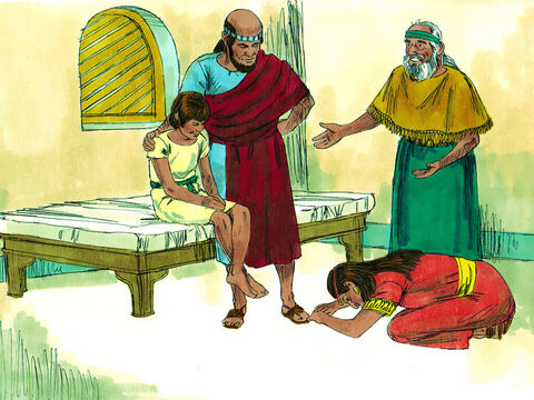 Elisei i-a zis lui Ghehazi să o cheme pa mama lui. Când a ajuns la el, Elisei i-a zis: <br/>– Ia-ţi fiul!<br/>Ea a venit şi a căzut la picioarele lui. După aceea s-a ridicat şi a ieşit împreună cu fiul său. – Imagine 16
