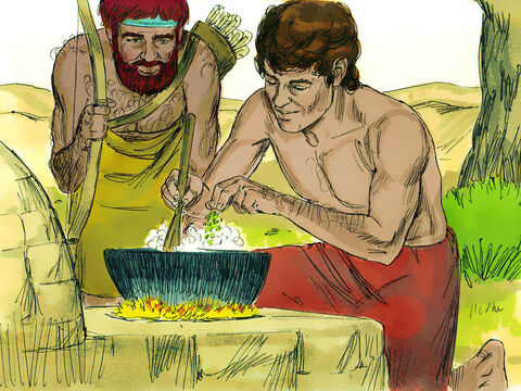 Esau a ajuns acasă obosit și înfometat după vânat, și i-a zis lui Iacov:<br/>– Dă-mi să mănânc din ciorba aceea roşiatică, pentru că sunt obosit! – Imagine 10