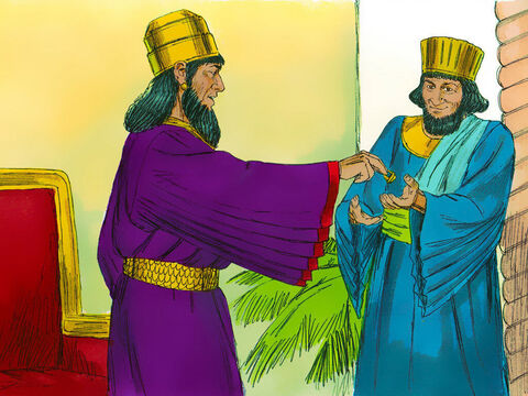 Împăratul şi-a scos inelul de pe deget, şi l-a dat lui Haman.<br/>– Poţi să-ţi păstrezi argintul, şi fă cu acest popor ce vrei. – Imagine 20