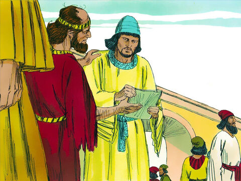 Hatac a fost trimis iarăşi de Estera pentru a afla motivul amărăciunii lui Mardoheu. Mardoheu i-a dat lui Hatac textul noii legi, şi i-a spus cât de mult a promis să plătească Haman împăratului pentru a distruge iudeii. L-a rugat pe Hatac să-i spună Esterei să se ducă la împărat, şi să-l roage pentru milă şi pentru salvare pentru poporul iudeilor. – Imagine 4