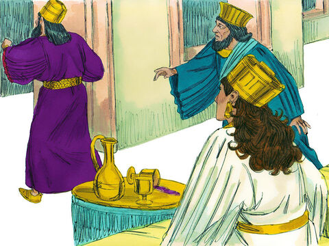 – Un duşman, spunea Estera, nelegiuitul Haman.<br/>Haman a rămas îngrozit. Împăratul s-a ridicat furios, şi a ieşit în grădina palatului. – Imagine 3