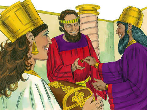 Capitolul 8:<br/>În acea zi, împăratul i-a dat Esterei proprietatea lui Haman. Estera i-a spus împăratului că este ruda lui Mardoheu. Împăratul i-a dat lui Mardoheu inelul său, iar Estera l-a pus stăpân peste tot ce avuse Haman. – Imagine 6