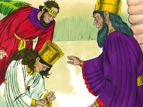 Estera a căzut la picioarele împăratului, plângând şi rugându-l să oprească planul viclean de a ucide iudeii.<br/>– Dacă împăratul găseşte că este bine, să se anuleze planul lui Haman. – Imagine 7