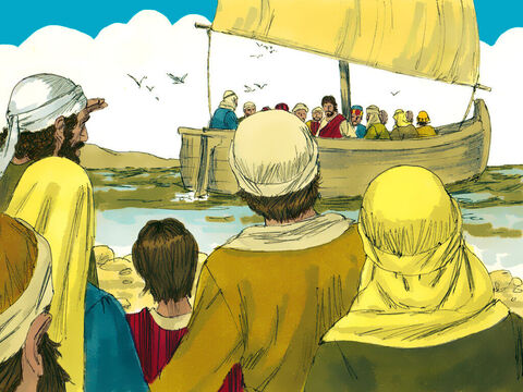 Ucenicii tocmai s-au întors din misiunea în care i-a trimis Isus, când au predicat peste tot și au vindecat bolnavii. Au auzit și vestea că Ioan Baptistul fusese executat de Irod Antipa. Isus și ucenicii lui au urcat într-o barcă, și s-au retras într-un loc pustiu. – Imagine 1