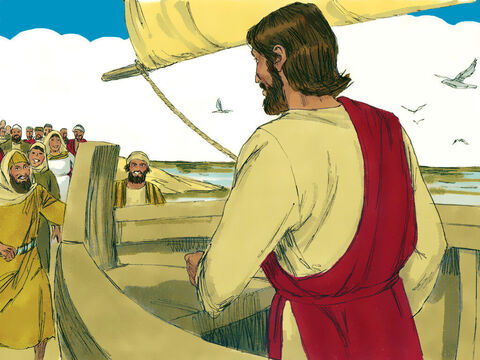 O mulțime mare, dintre care mulți erau pelerini în drum spre Ierusalim pentru sărbătorile de Paști, au văzut barca, și au urmat-o pe mal ca să se întâlnească cu Isus. – Imagine 2