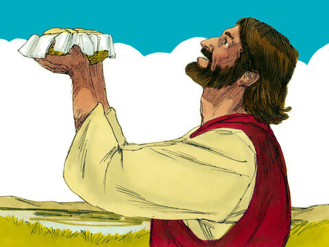 Apoi a luat cele cinci pâini și cei doi pești, s-a uitat spre cer, și a adus mulțumiri. După aceea a rupt pâinea în bucăți, și le-a dat ucenicilor să le împartă oamenilor. – Imagine 9