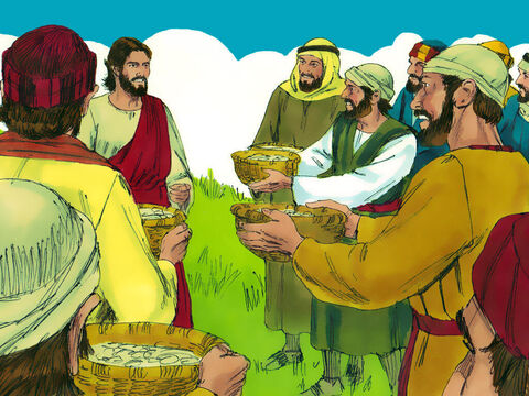 Apoi ucenicii au adunat douăsprezece coșuri de firimituri pe care le lăsaseră cei ce mâncaseră. – Imagine 11
