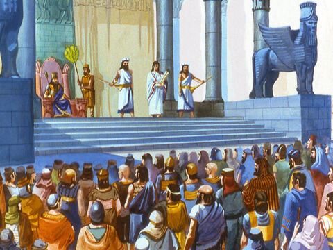 Într-o zi Regele Nebucadneţar şi-a chemat conducătorii din diferitele provincii. A privit din pavilionul regal cum se adună poporul. Această ocazie era una specială, şi nimeni nu a îndrăznit să lipsească. – Imagine 3