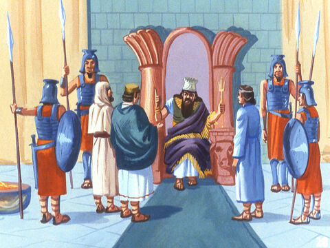 Şadrac, Meşac şi Abed-Nego au fost aduşi repede în pavilionul regal. Când Regele le-a întrebat dacă e adevărat că nu i s-au închinat chipului de aur, ei au recunoscut acest fapt. – Imagine 23