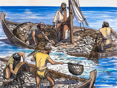 Le-au făcut semn confraţilor lor din cealaltă barcă, să vină să-i ajute. Aceştia au venit şi au umplut amândouă bărcile cu peşte, până acolo încât erau să se scufunde. – Imagine 8
