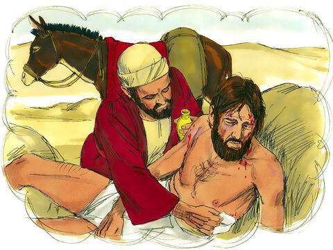 Însă a venit şi un samaritean, care călătorea pe acolo. Când l-a văzut, i s-a făcut milă de el. S-a apropiat, i-a bandajat rănile şi a turnat peste ele untdelemn şi vin. – Imagine 9