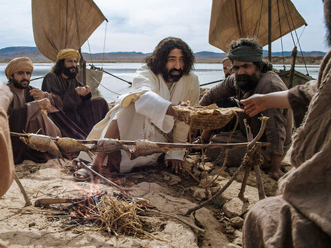 Domnul Isus, înviat, apare pe malul lacului din Galilea, și le spune ucenicilor să-și arunce năvodul pe cealaltă parte a bărcii. (Ioan 21:1-14) – Imagine 13