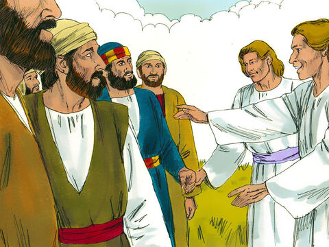 În timp ce apostolii se uitau spre cer, deodată doi bărbaţi în veşminte albe au stat alături de ei şi i-au întrebat: – Bărbaţi galileeni, de ce staţi aici, uitându-vă la cer? Acest Isus, care tocmai S-a înălţat la cer, va veni în acelaşi fel, cum L-aţi văzut mergând la cer. – Imagine 5